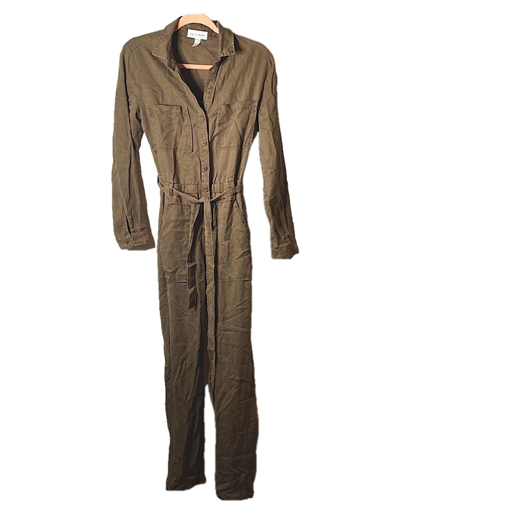 𝅺🌷 Bella Dahl 🌷 Soft Long Button Up Tie Waist Jumpsuit Khaki Army Green NWOT